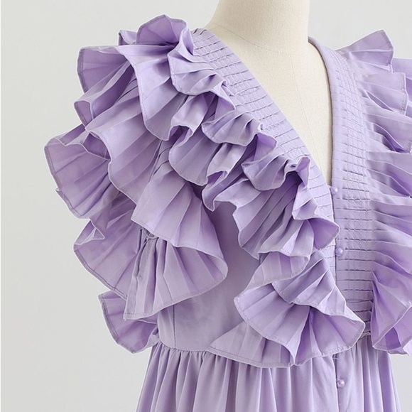 PLEATED RUFFLE BUTTONED DEEP V-NECK DRESS IN LILAC - Picture 9 of 14